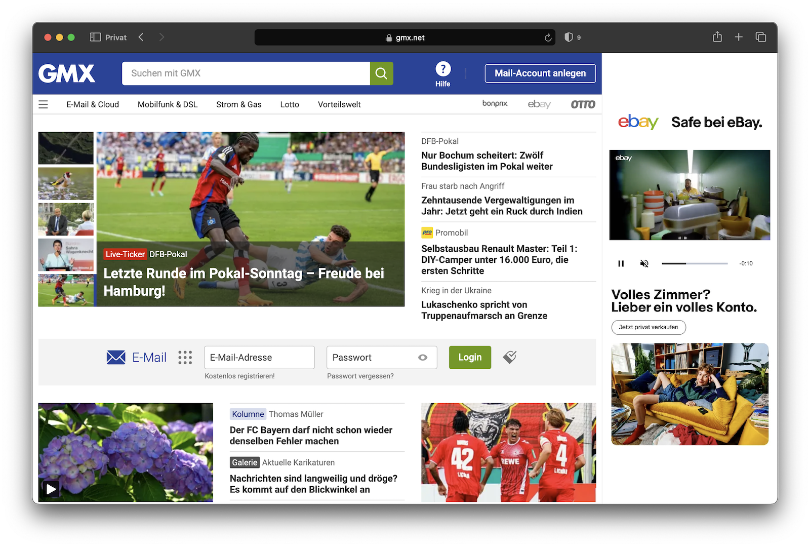Die Webseite gmx.net im Safari-Browser