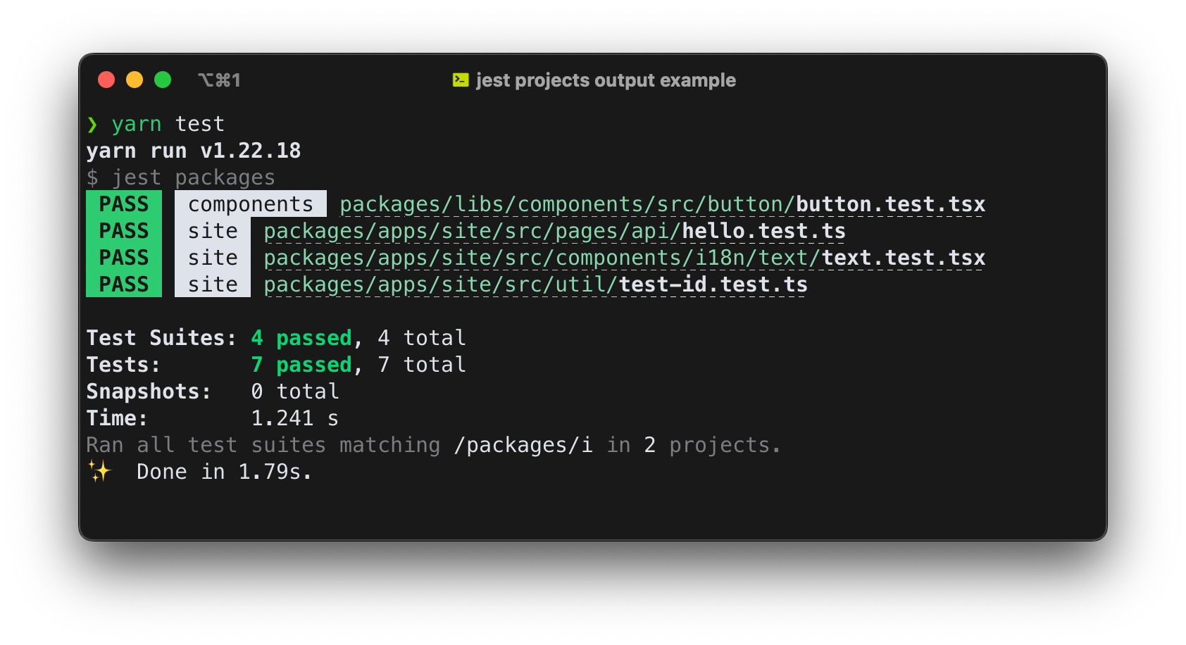 ein Terminal, das die Ergebnis eines Jest-Durchlaufs mit mehreren Projekten anzeigt