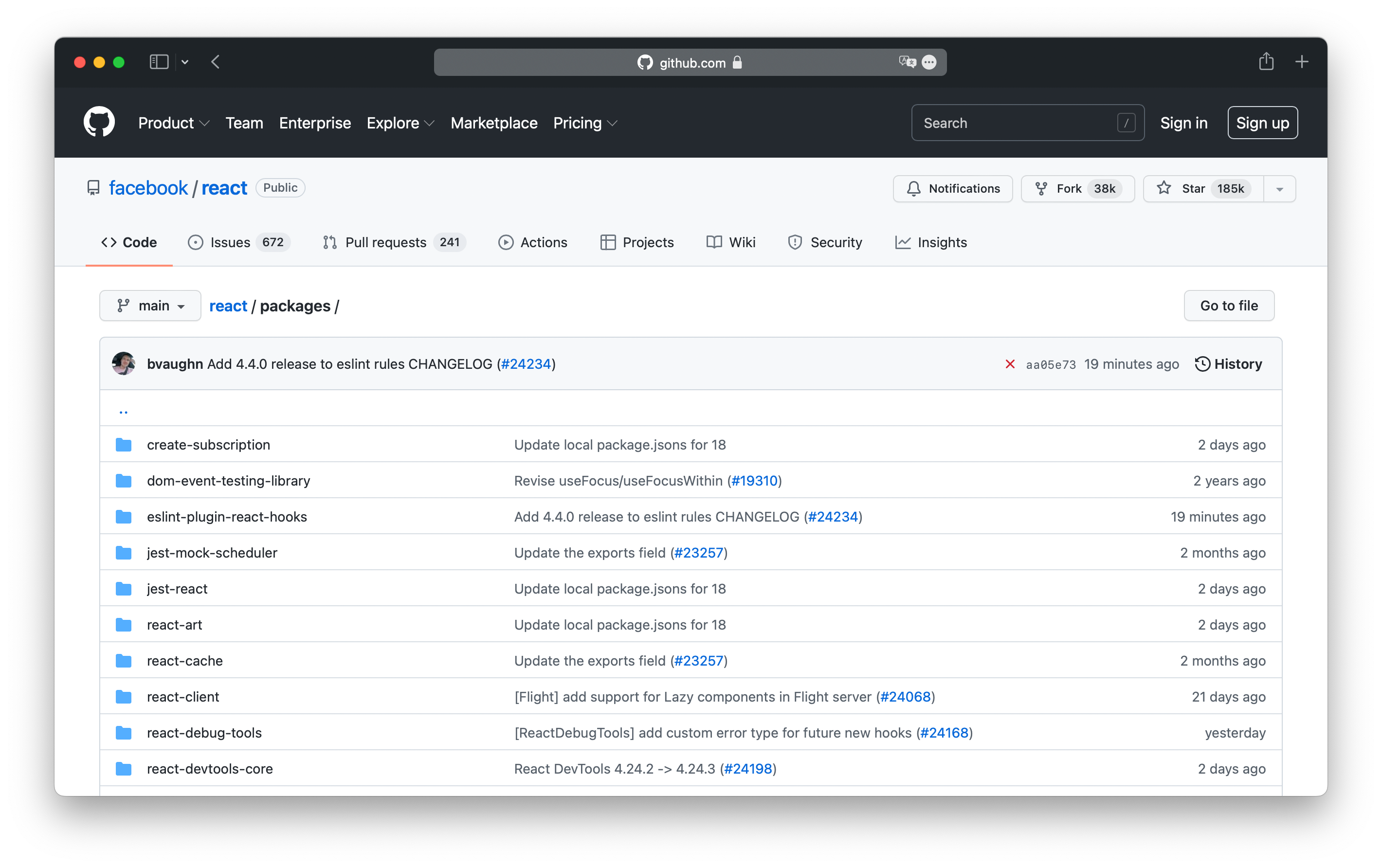 Directory structure of the React repository on GitHub