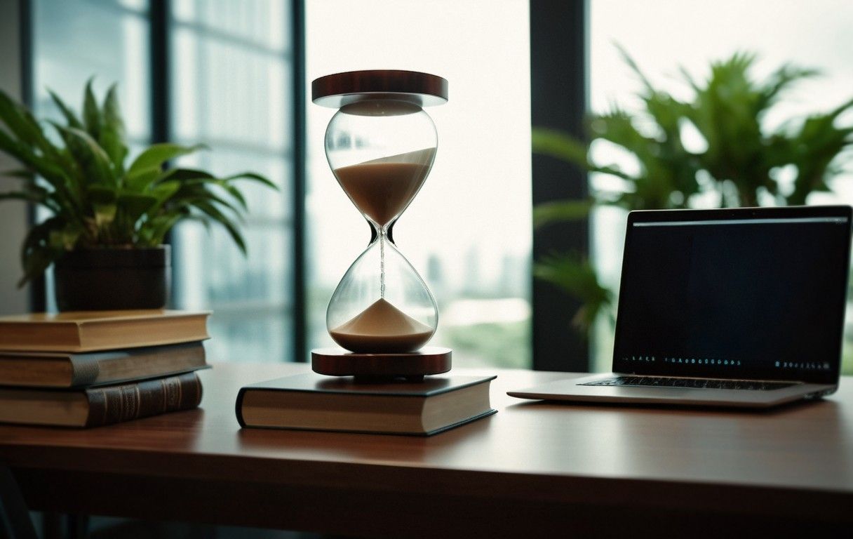 Eine Sanduhr auf einem Büro-Schreibtisch. Die Hälfte der Zeit ist bereits verstrichen.