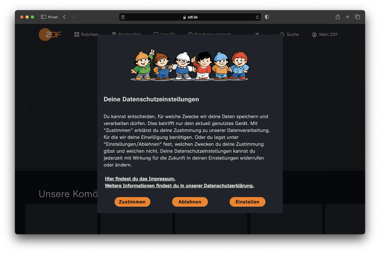 Der Datenschutz-Dialog der ZDF-Webseite im Safari-Browser